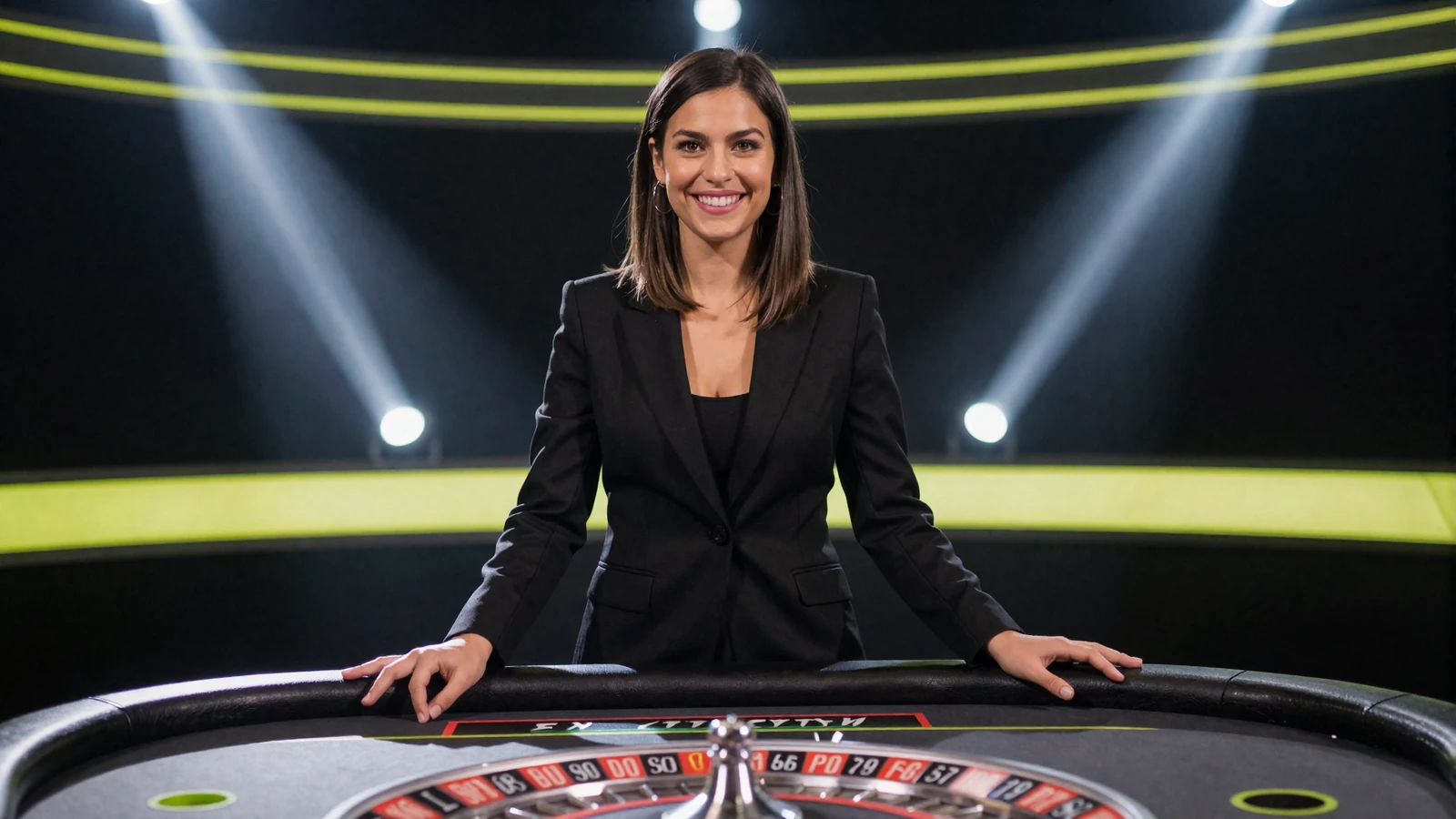 Live-Dealerin am lime-beleuchteten Roulette-Tisch im Golazzo live casino online Studio