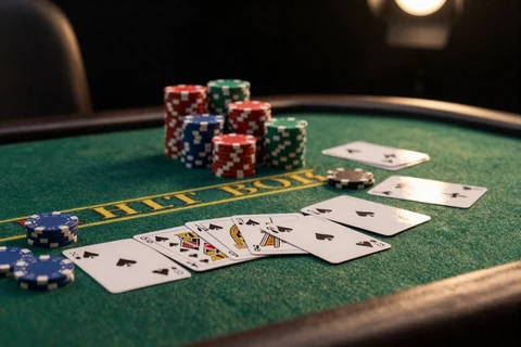 Klassischer gr&uuml;ner Blackjack-Tisch mit Karten und Chips beim Golazzo Blackjack spielen