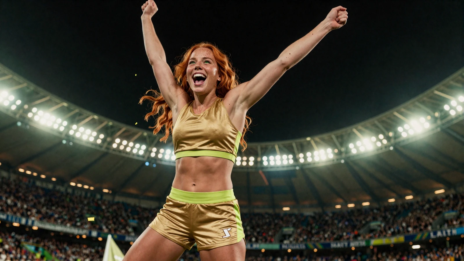 Rothaarige Spielerin in gold-limefarbenem Sport-Outfit jubelt &uuml;ber ein Tor im Konfettiregen - Golazzo Casino Bonus unter Flutlicht