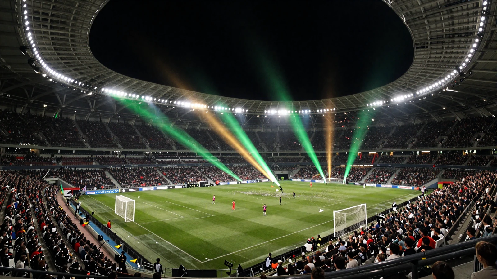 Flutlichtstadion bei Nacht mit Ball im Netz und Konfetti - Golazzo Sportwetten echtgeld casino Fu&szlig;ball-Thema